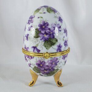 Vintage Egg Shaped Violet Floral Porcelain Trinket Box Hinged Footed Jewelry Box